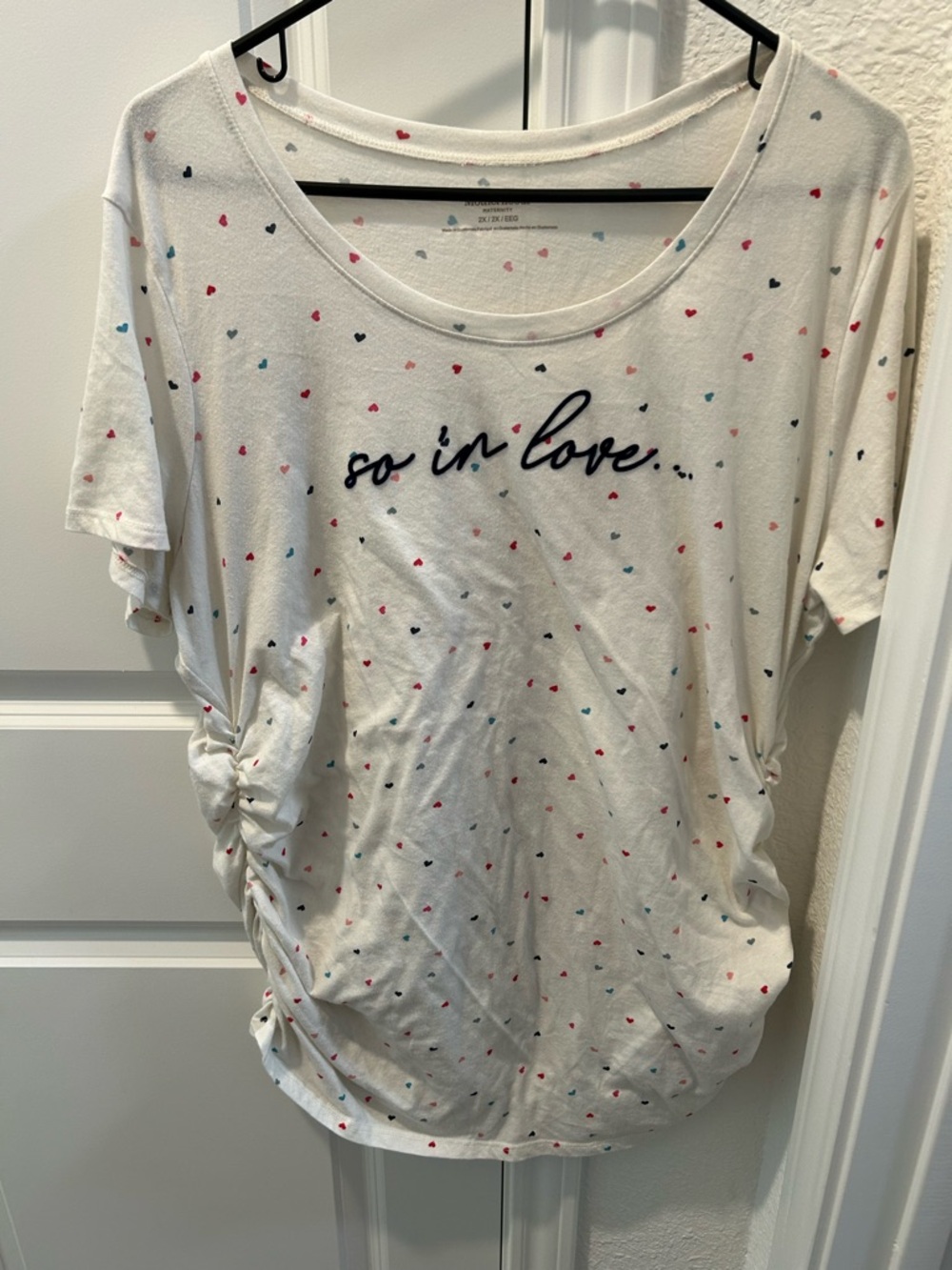 Motherhood Maternity White Short-Sleeve Tee with Multicolor Heart Print